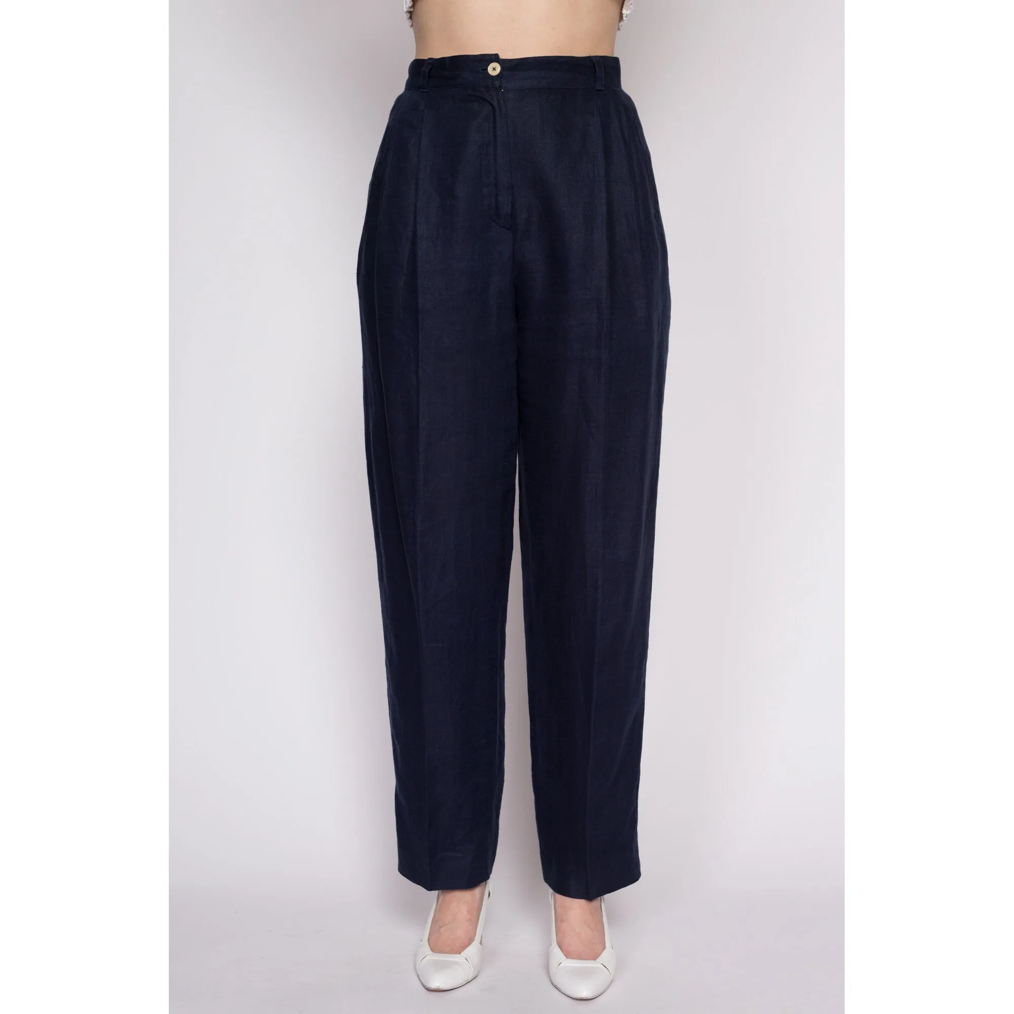 Medium 80s Midnight Blue Linen High Waisted Trousers 27.5"
