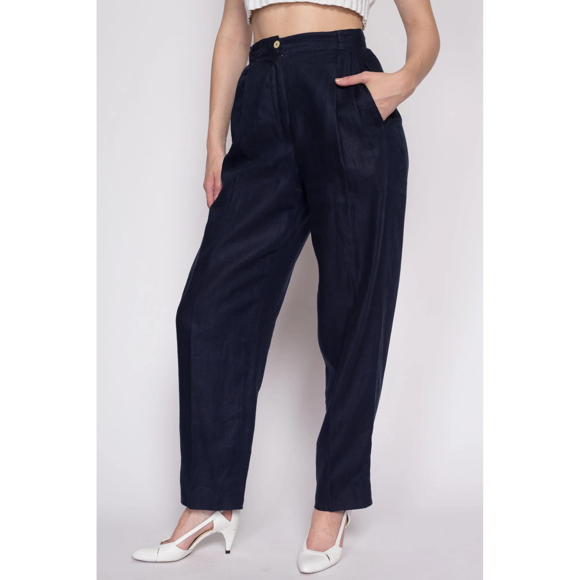 Medium 80s Midnight Blue Linen High Waisted Trousers 27.5"