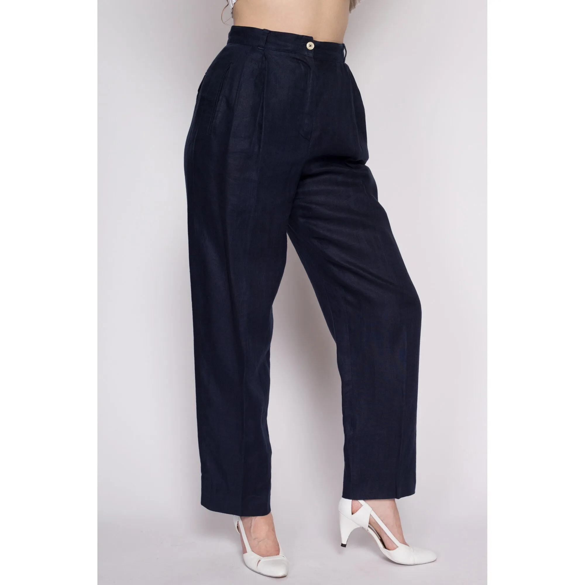 Medium 80s Midnight Blue Linen High Waisted Trousers 27.5"