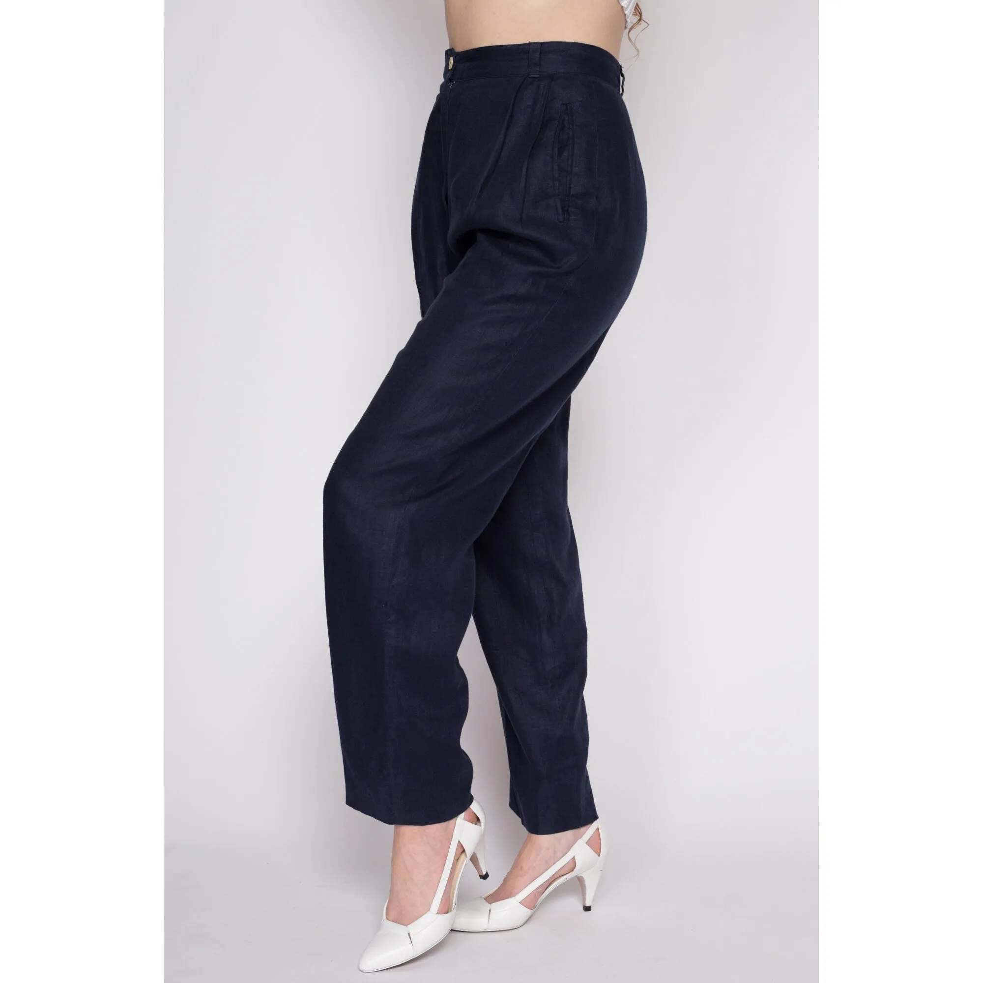 Medium 80s Midnight Blue Linen High Waisted Trousers 27.5"