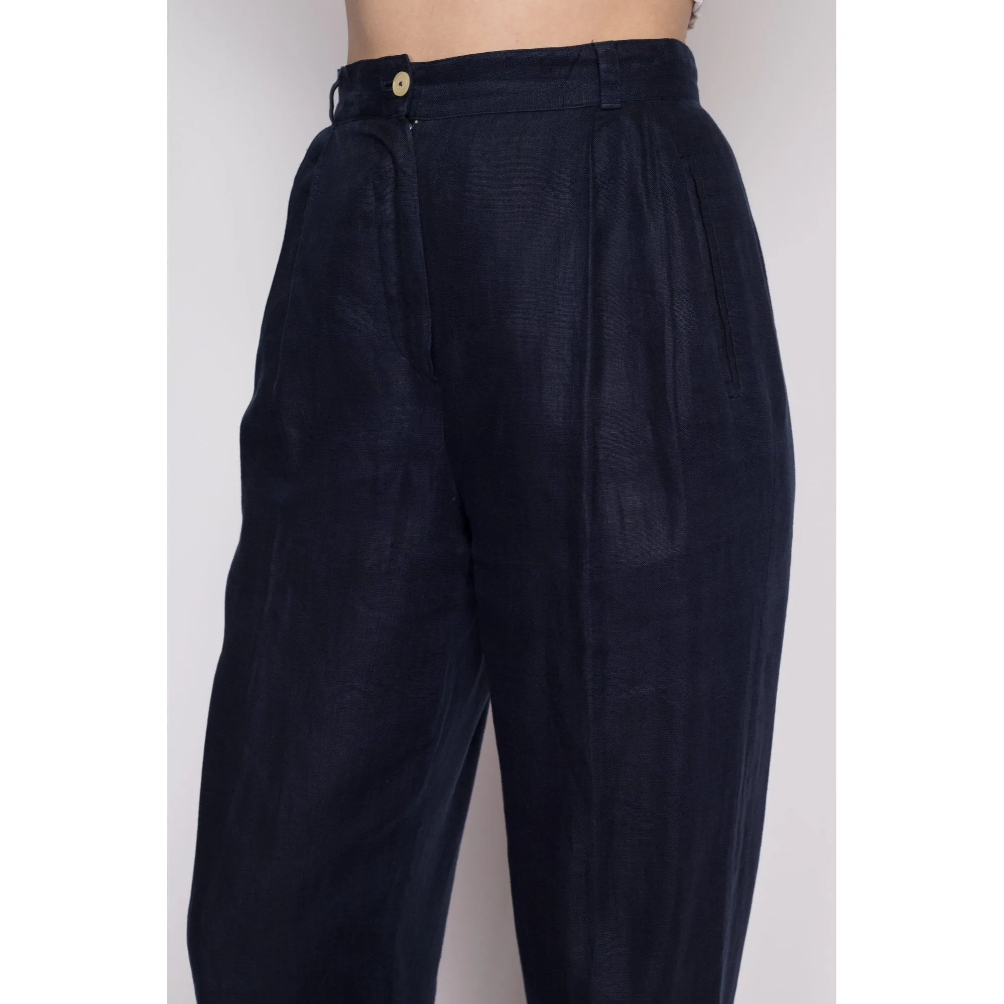 Medium 80s Midnight Blue Linen High Waisted Trousers 27.5"