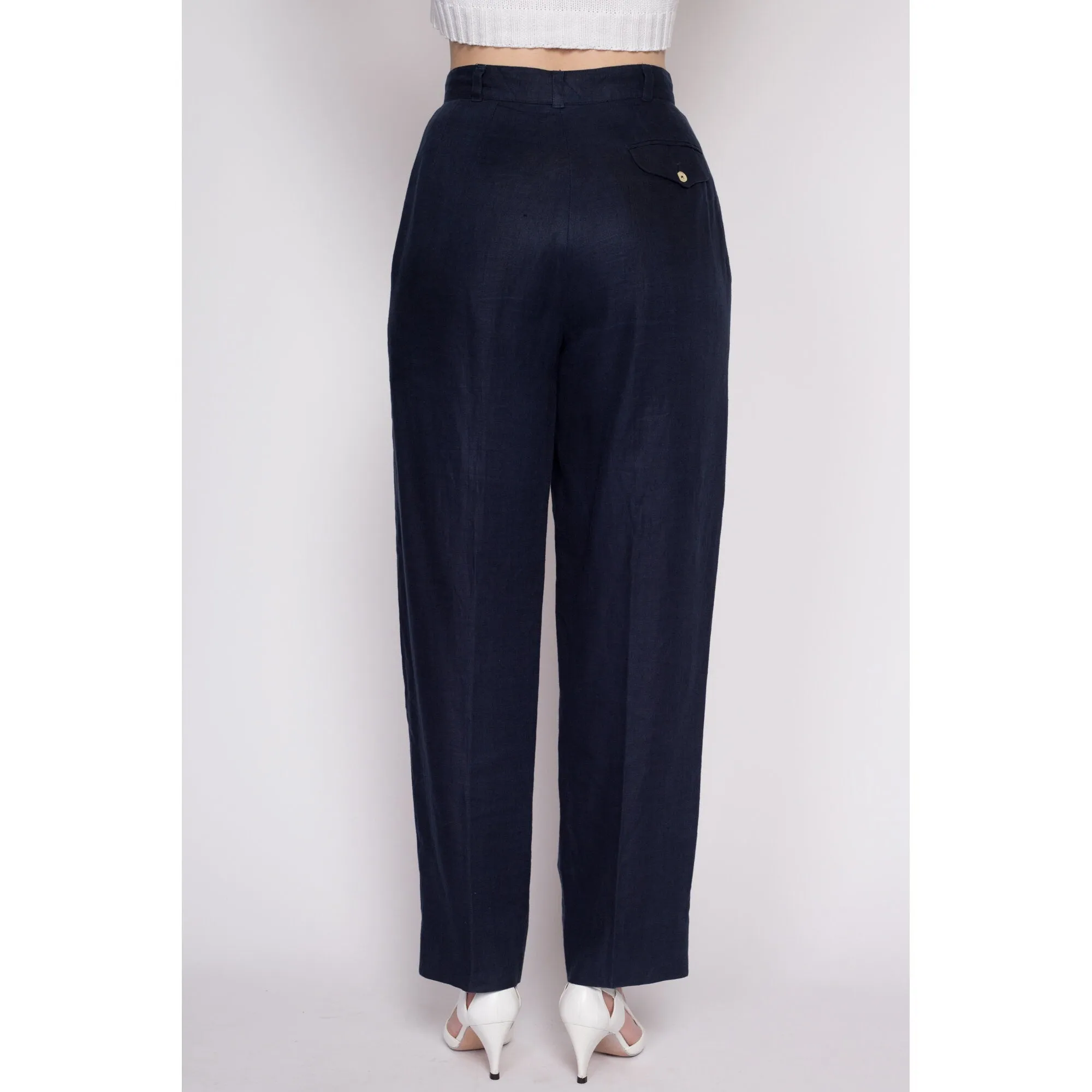 Medium 80s Midnight Blue Linen High Waisted Trousers 27.5"