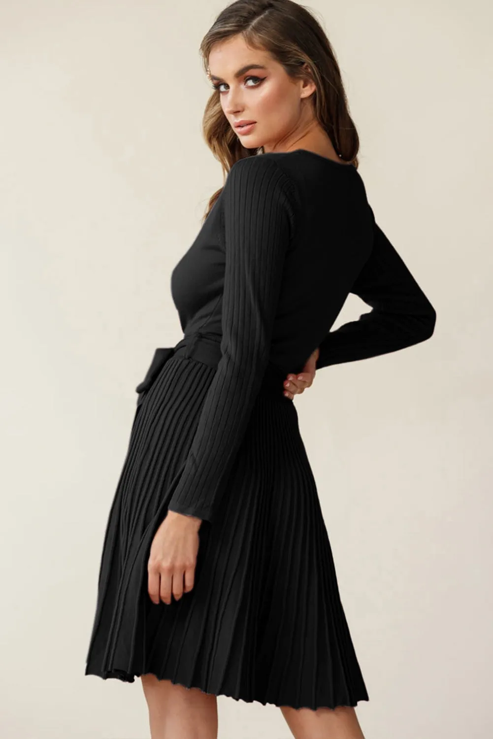 Phoebe - Black Belted V Neck Ribbed Pleated Sweater Dress