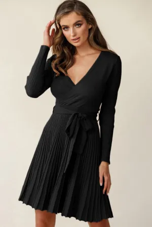 Phoebe - Black Belted V Neck Ribbed Pleated Sweater Dress