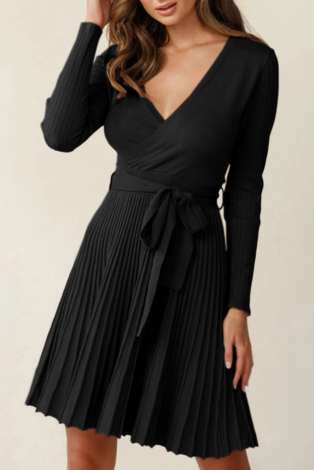 Phoebe - Black Belted V Neck Ribbed Pleated Sweater Dress