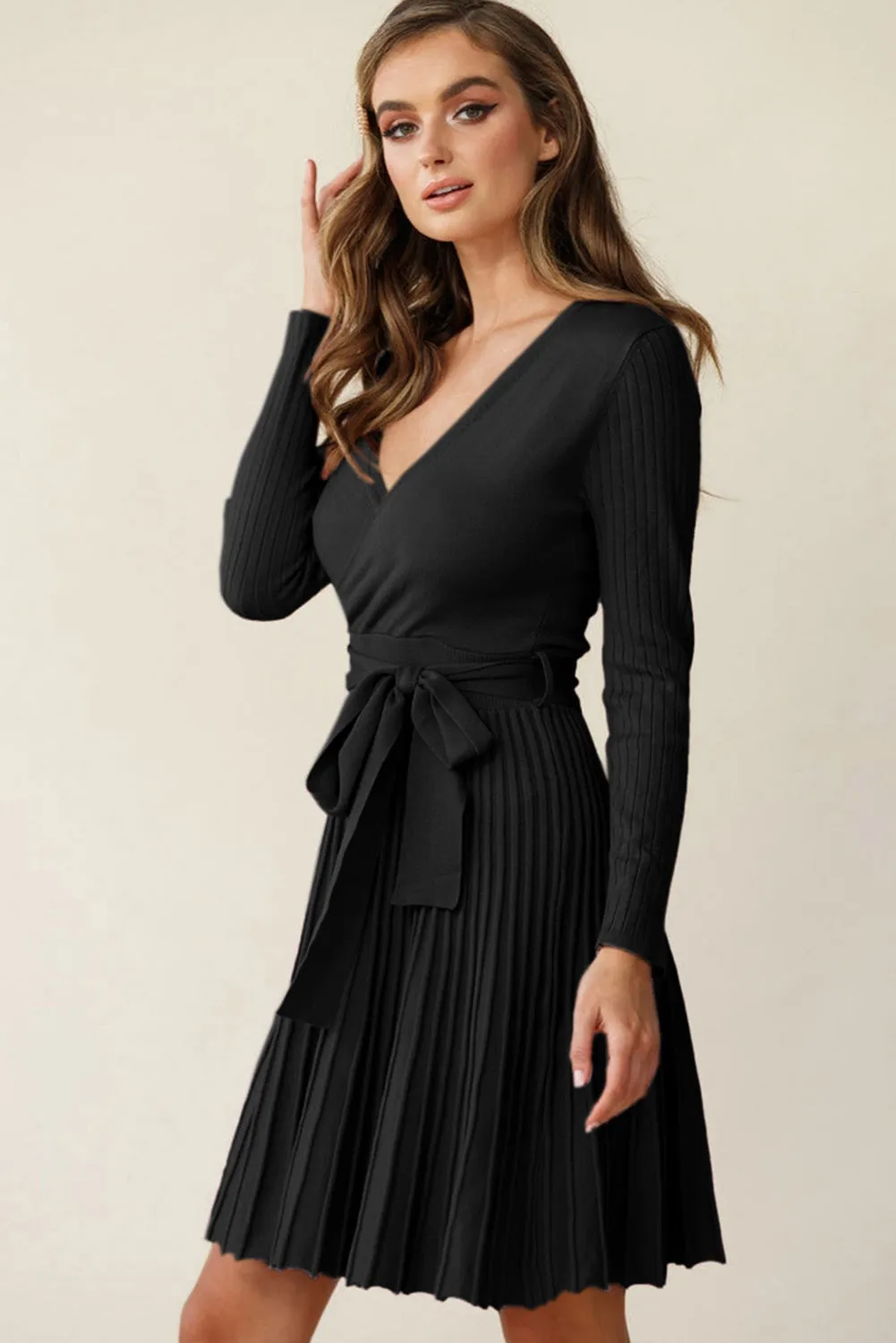 Phoebe - Black Belted V Neck Ribbed Pleated Sweater Dress