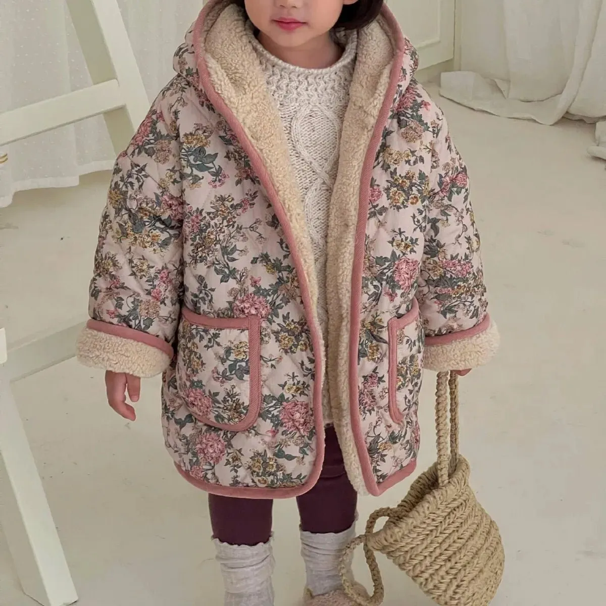 Pink Floral Wool Hooded Long Coat for Girls