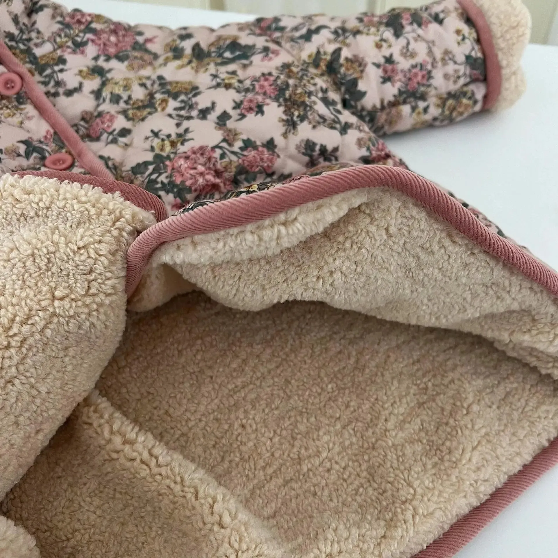 Pink Floral Wool Hooded Long Coat for Girls