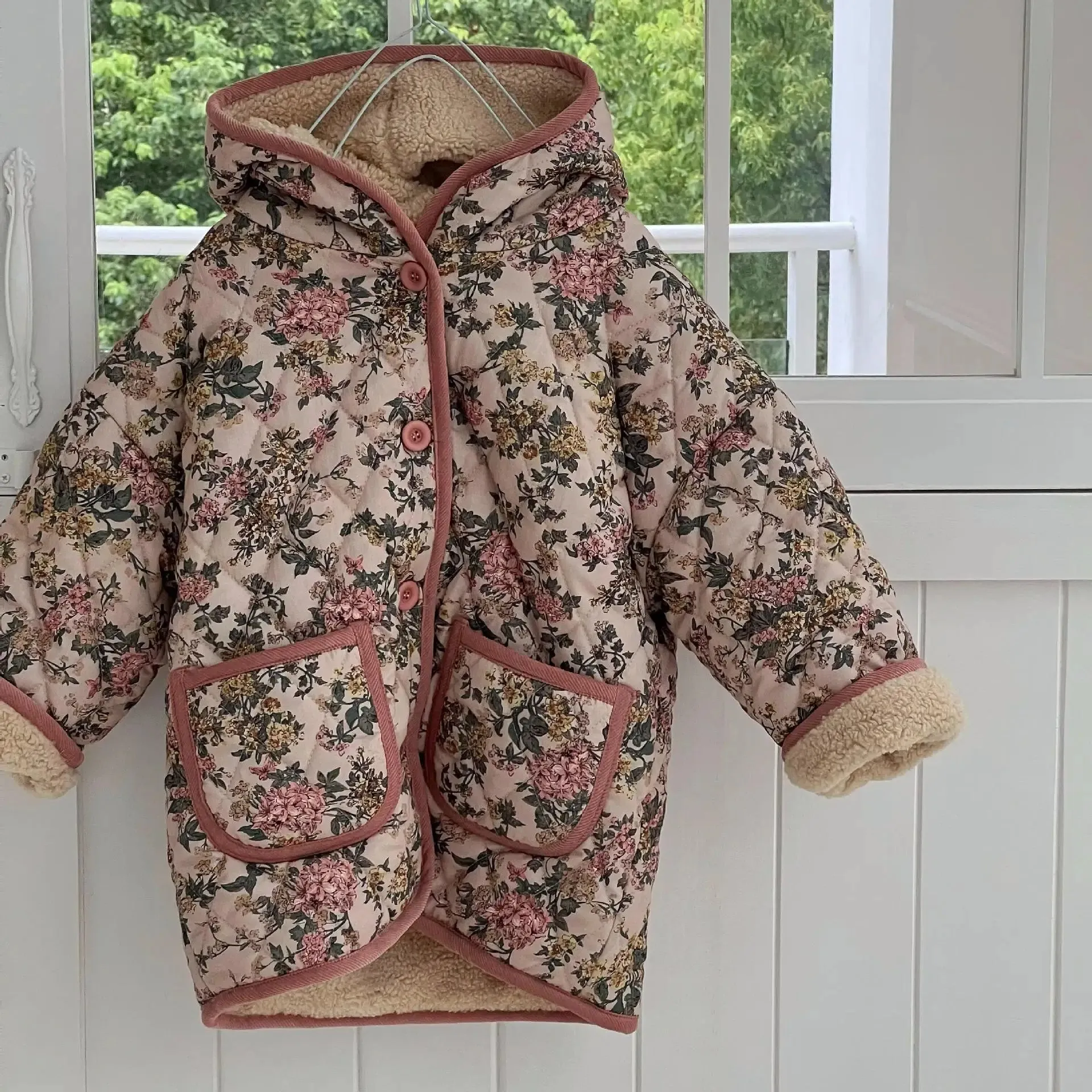 Pink Floral Wool Hooded Long Coat for Girls