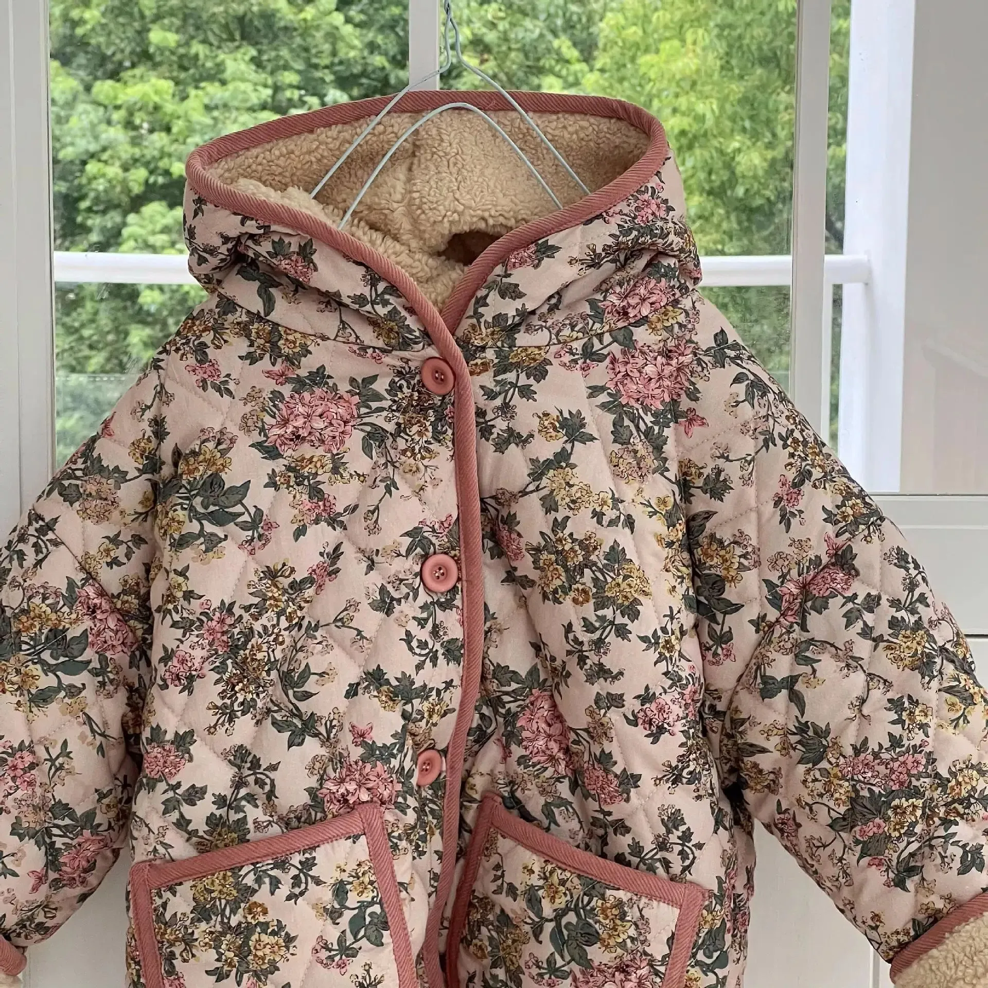 Pink Floral Wool Hooded Long Coat for Girls