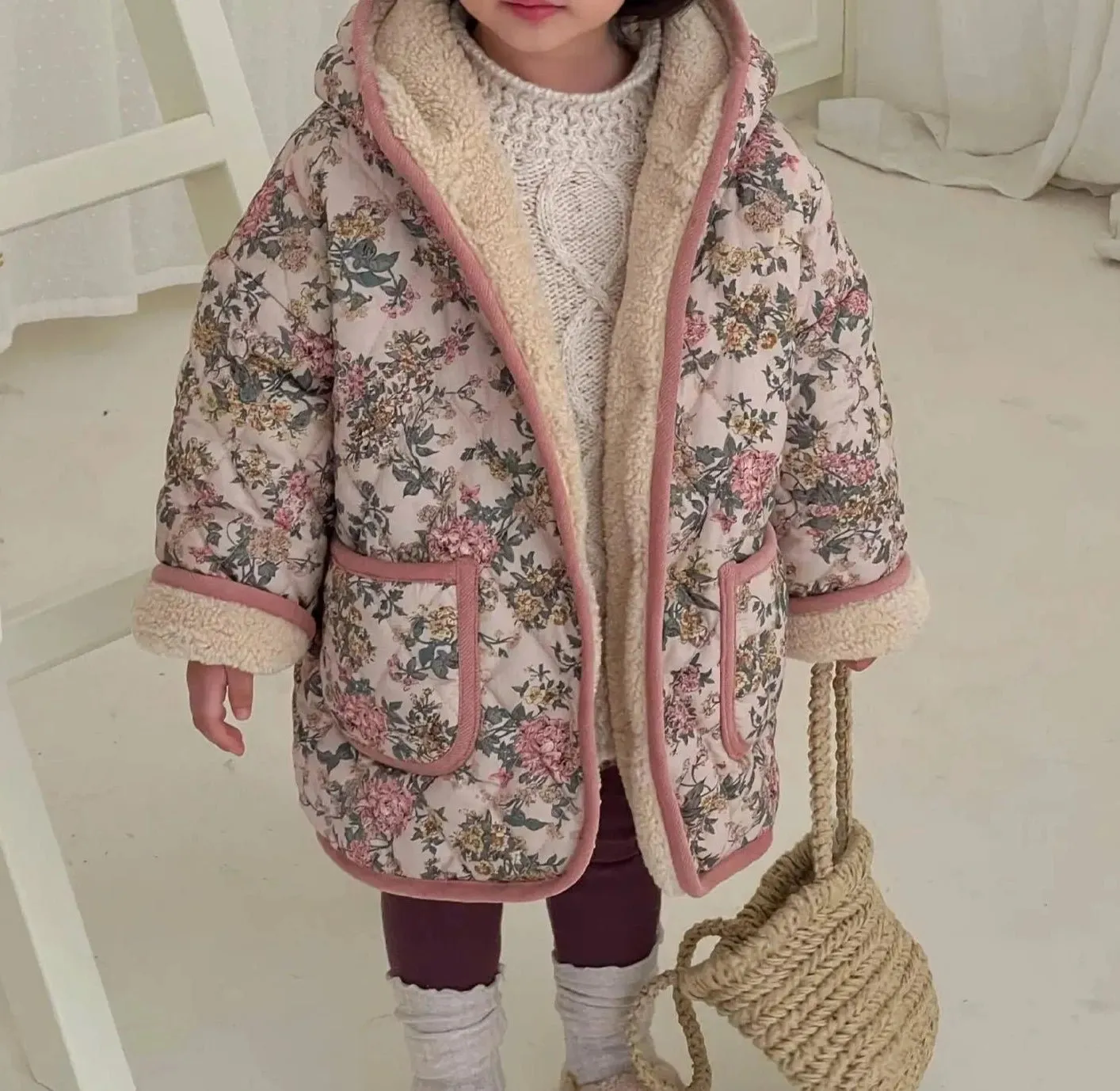 Pink Floral Wool Hooded Long Coat for Girls
