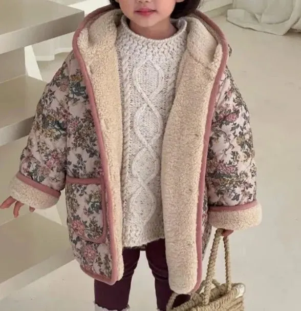 Pink Floral Wool Hooded Long Coat for Girls