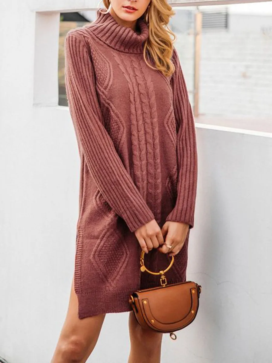 Pure Color Fashion High Neck Split Knit Sweater Dress