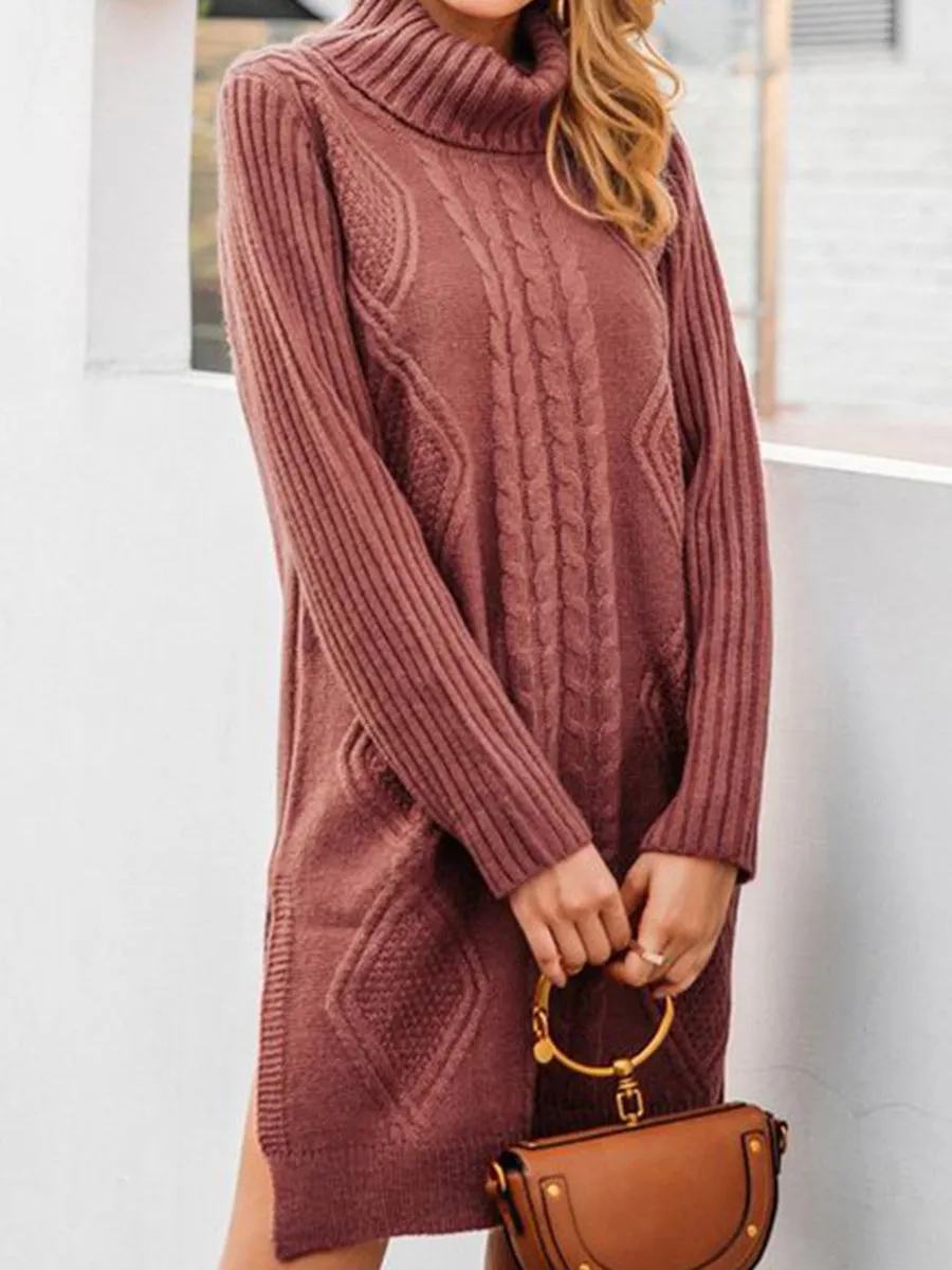 Pure Color Fashion High Neck Split Knit Sweater Dress