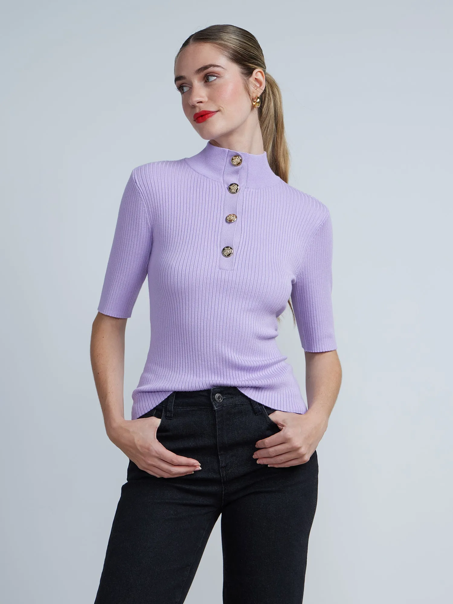 Ribbed Button Up Henley Sweater Tee
