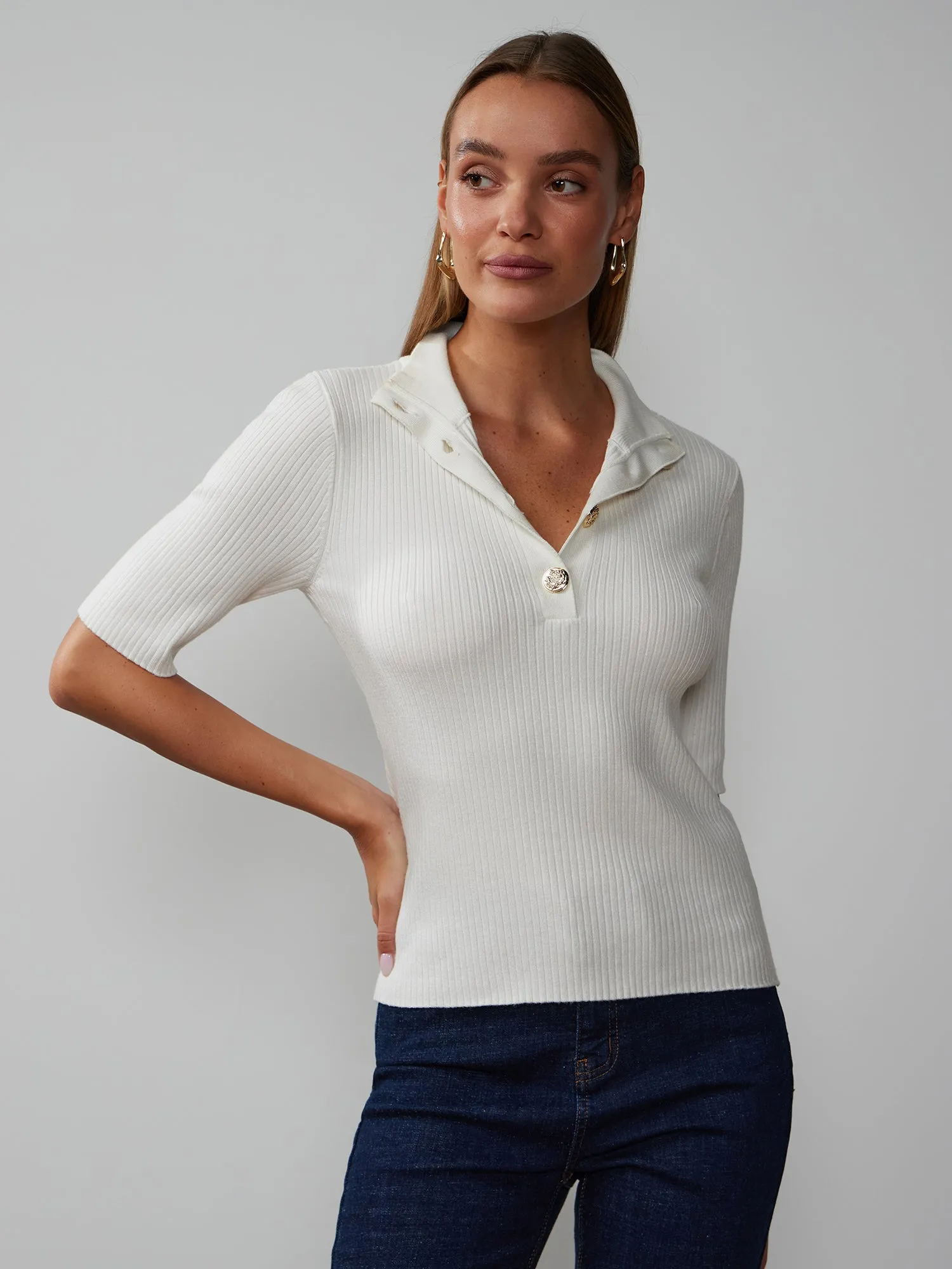 Ribbed Button Up Henley Sweater Tee