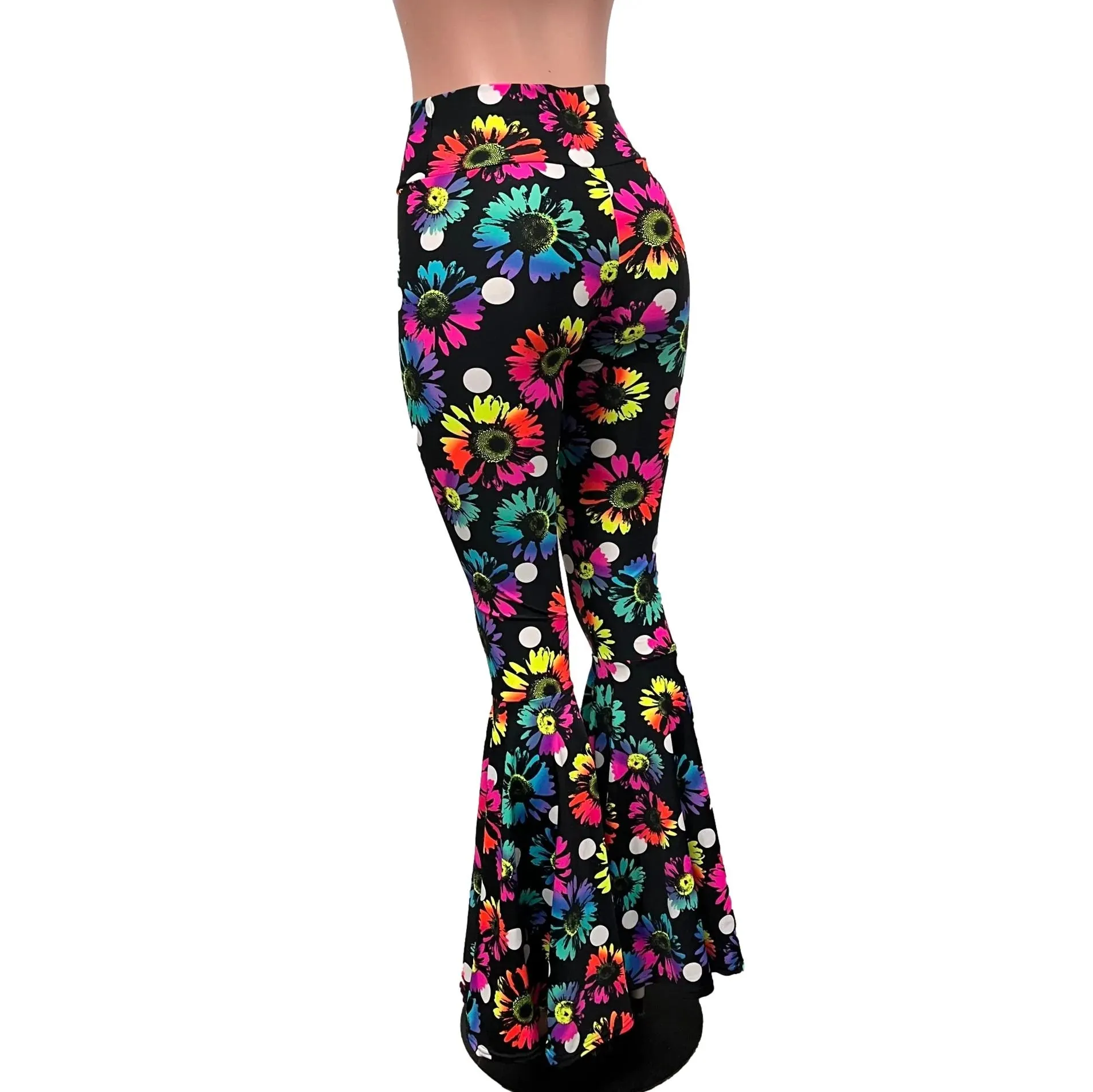 SALE - MEDIUM 33.5" INSEAM - High Waist Bell Bottoms - Polka Dot Electric Daisy Neon