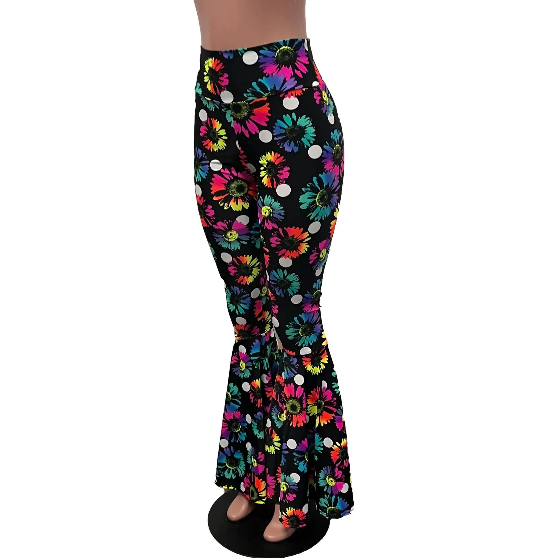 SALE - MEDIUM 33.5" INSEAM - High Waist Bell Bottoms - Polka Dot Electric Daisy Neon