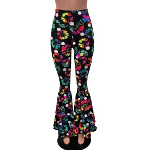 SALE - MEDIUM 33.5" INSEAM - High Waist Bell Bottoms - Polka Dot Electric Daisy Neon