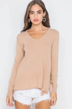 Sand Taupe Knit V-Neck Casual Solid Long Sleeve Sweater