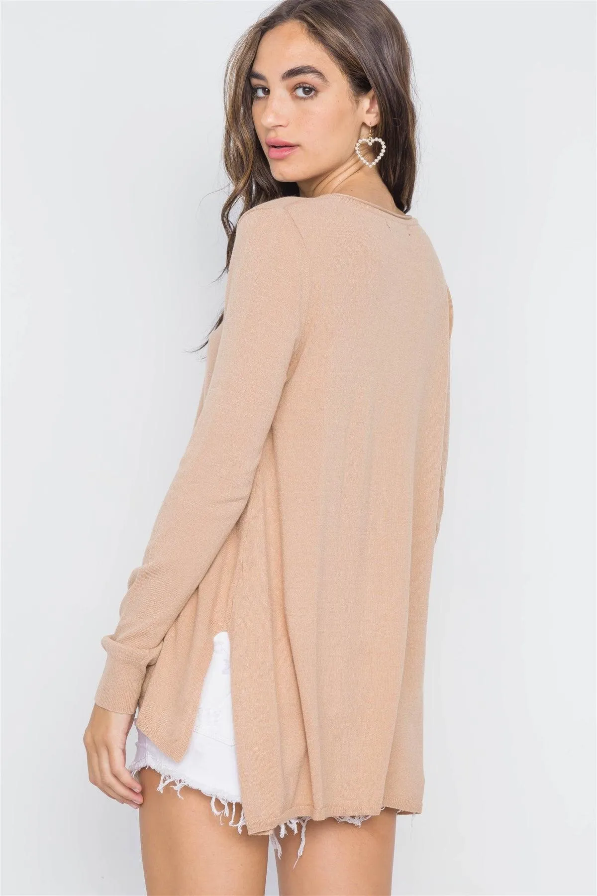 Sand Taupe Knit V-Neck Casual Solid Long Sleeve Sweater