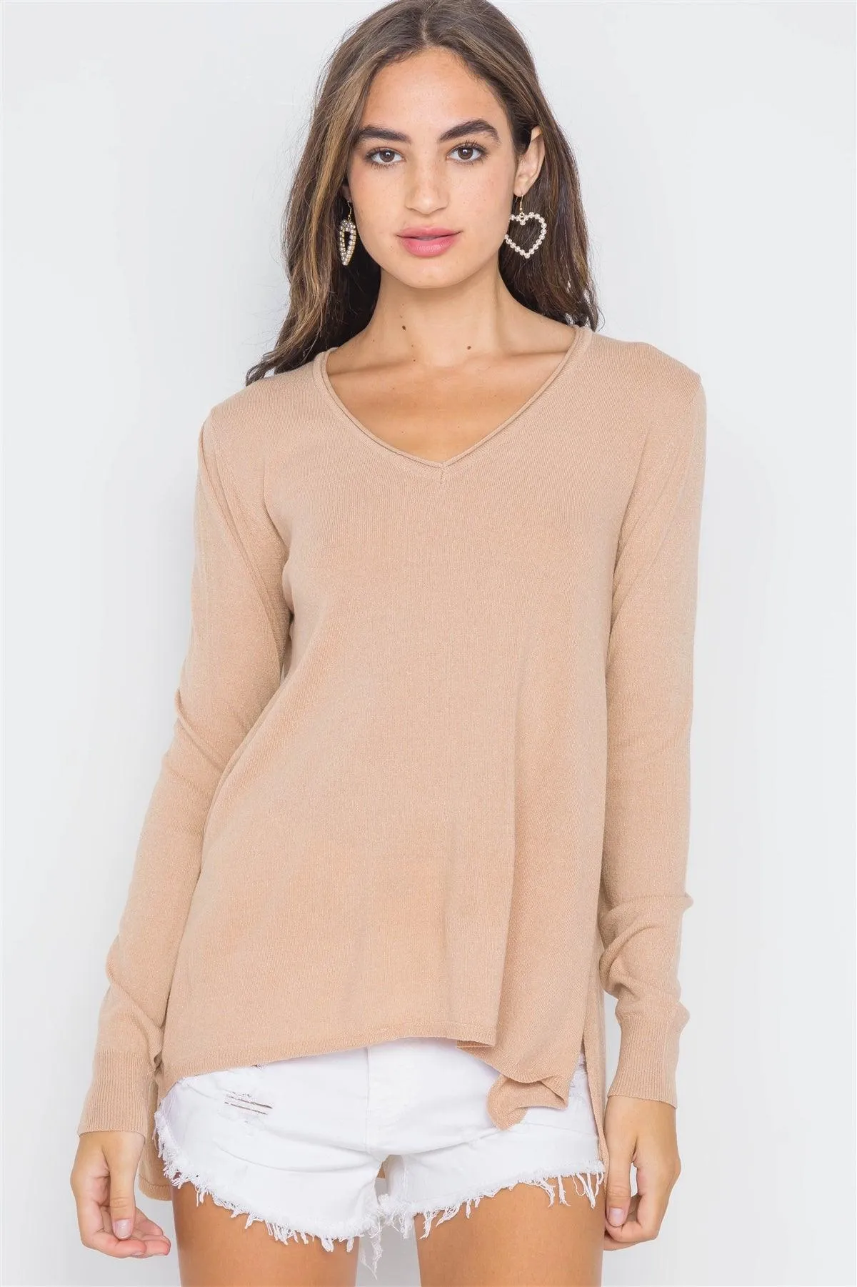 Sand Taupe Knit V-Neck Casual Solid Long Sleeve Sweater