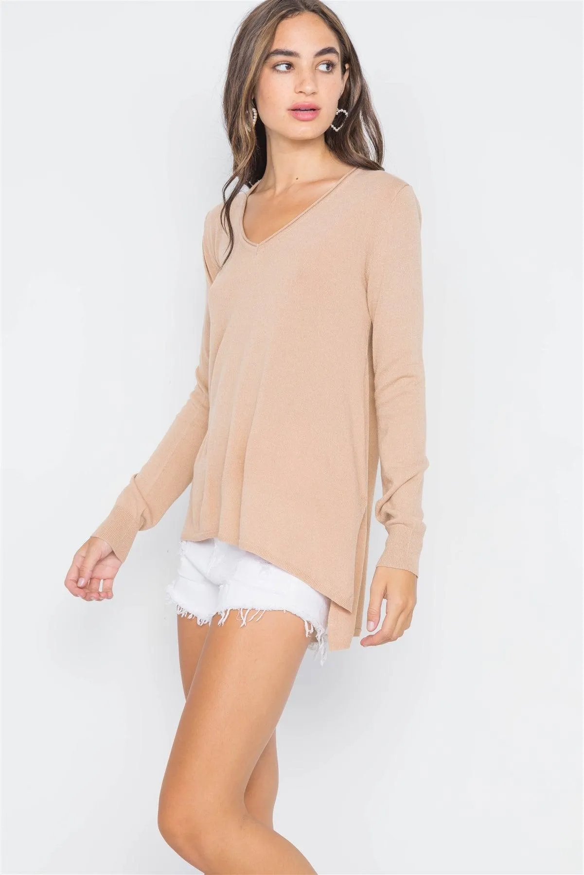 Sand Taupe Knit V-Neck Casual Solid Long Sleeve Sweater