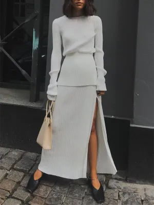 Sexy Open Back Slim Knit Top and Sweater Split Skirt Two-piece