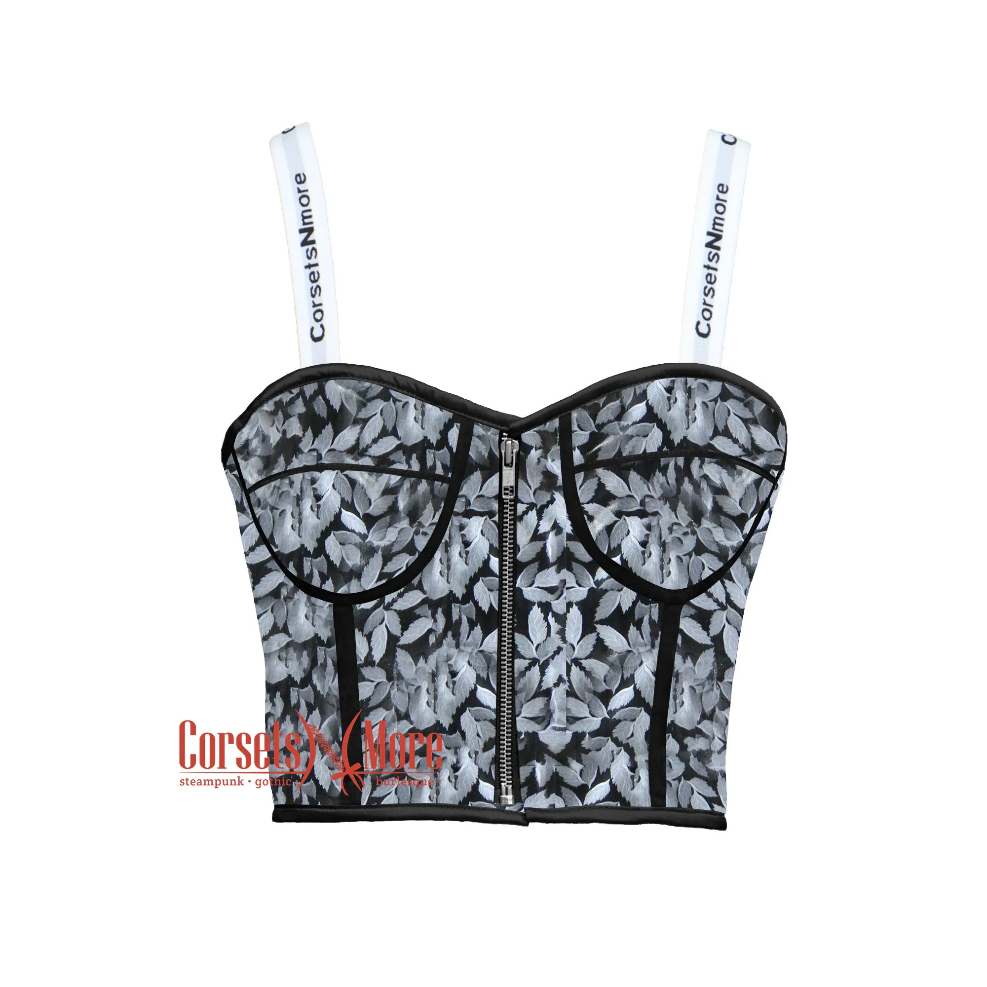 Silver Leaf Printed Leather Crop Corset Overbust Bustier Steampunk Halloween Costume