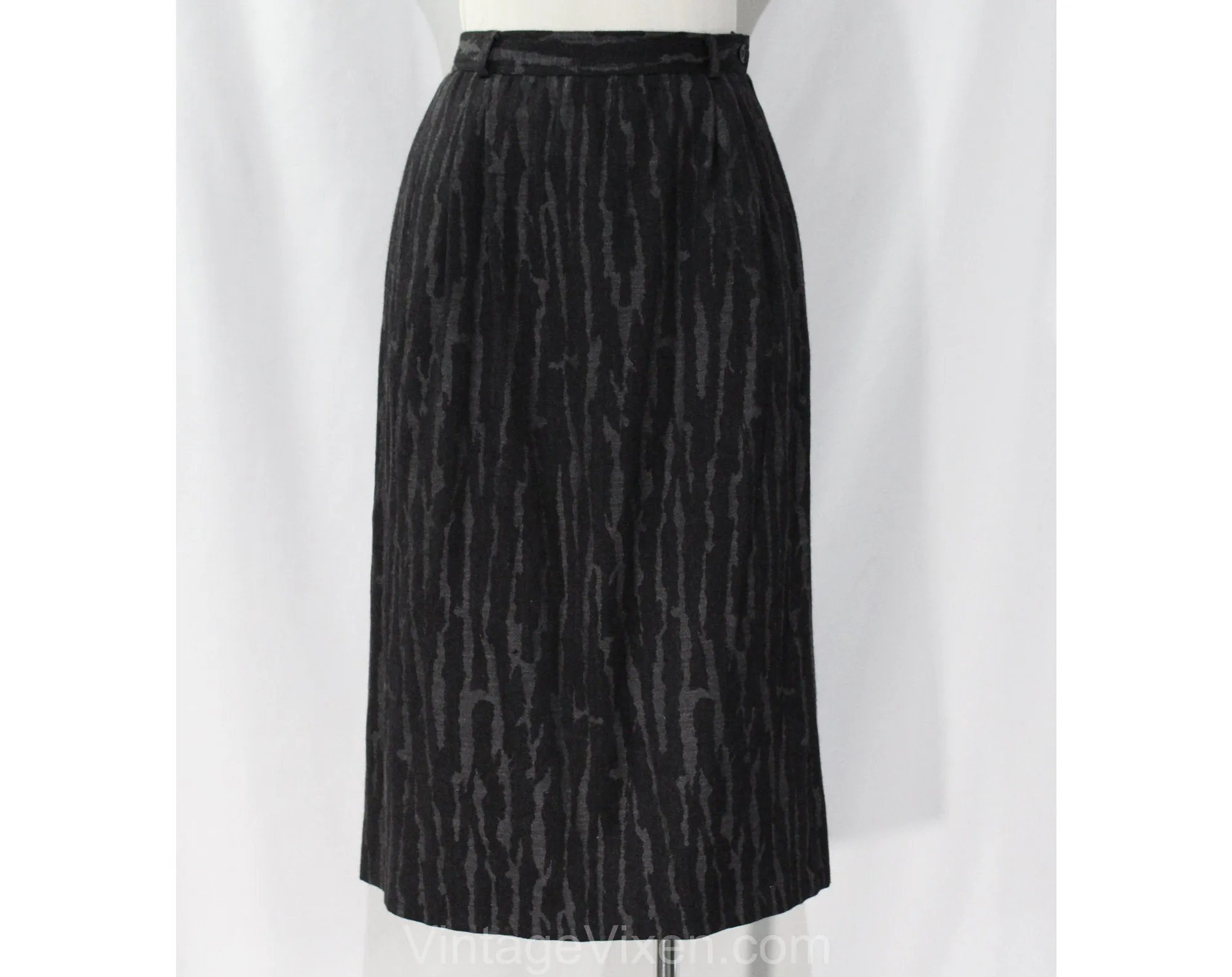 Size 8 Designer Gray Skirt - Valentino Avant Garde Abstract Wool Tailored Skirt - Chic 90s Office Wear - Edgy Woodgrain Print - Waist 27