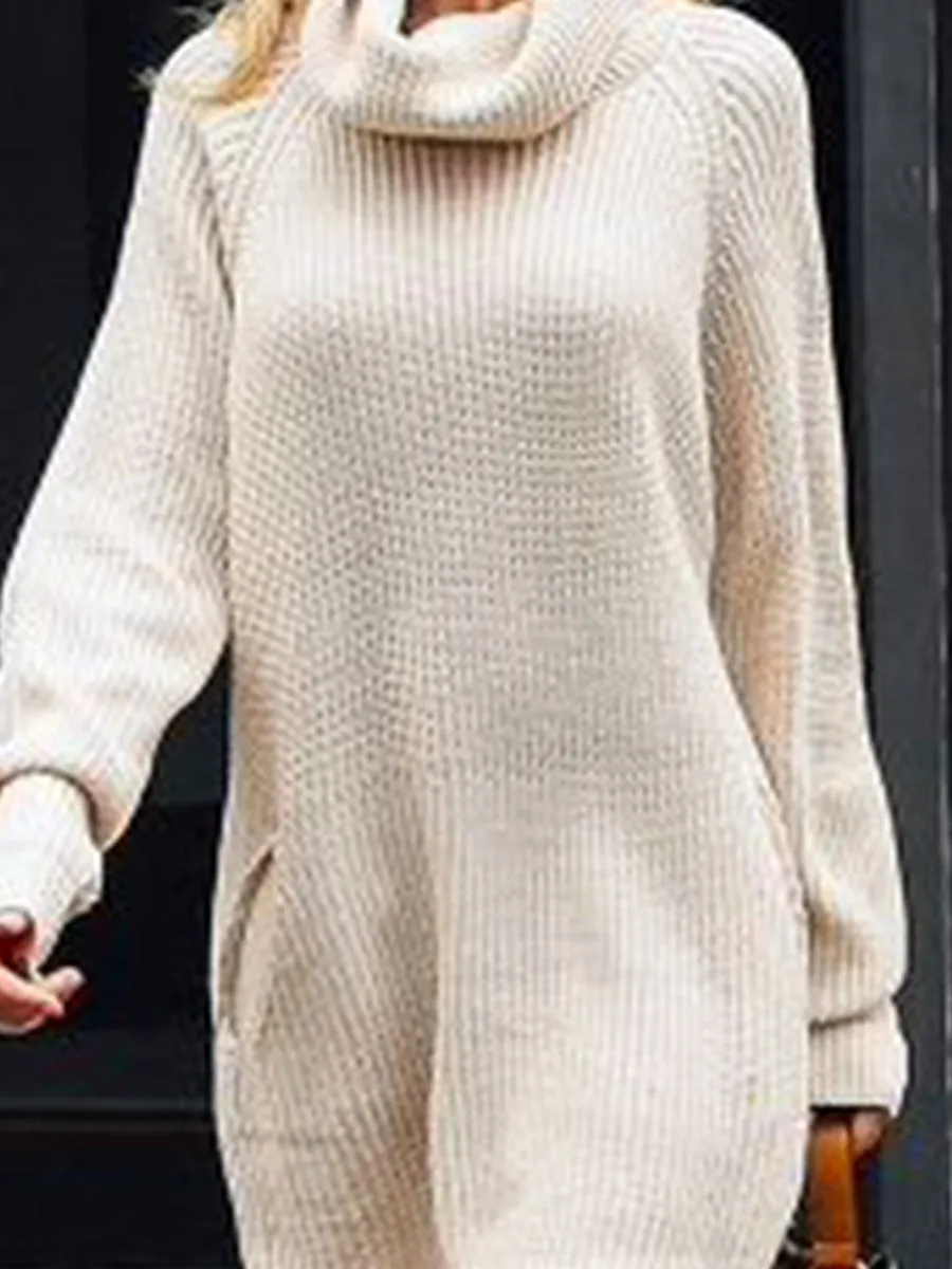 Solid Color High Neck Long Sleeve Knitted Sweater Dress