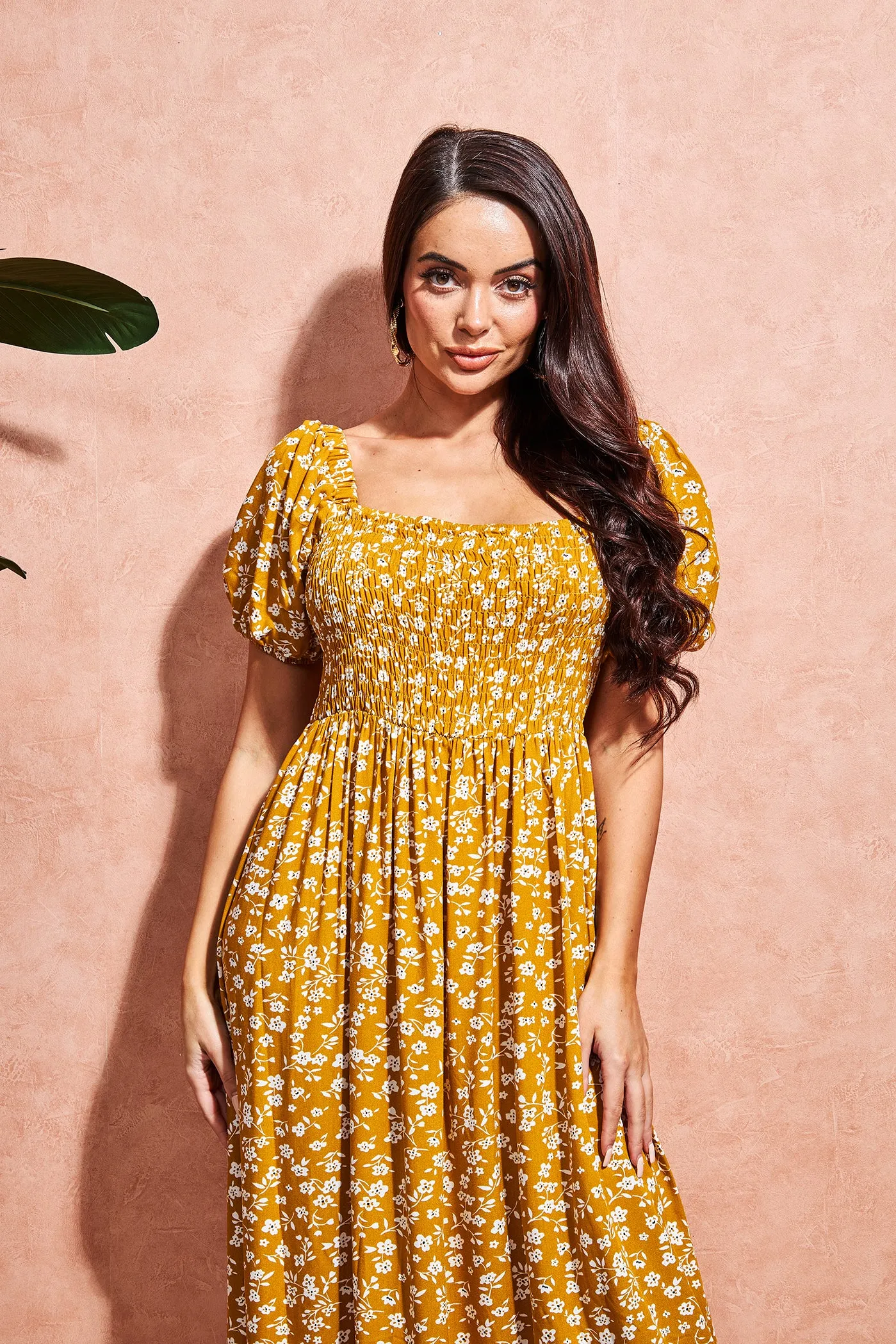 Square Neck Shirred Midi Dress in Yellow Floral | Isabel