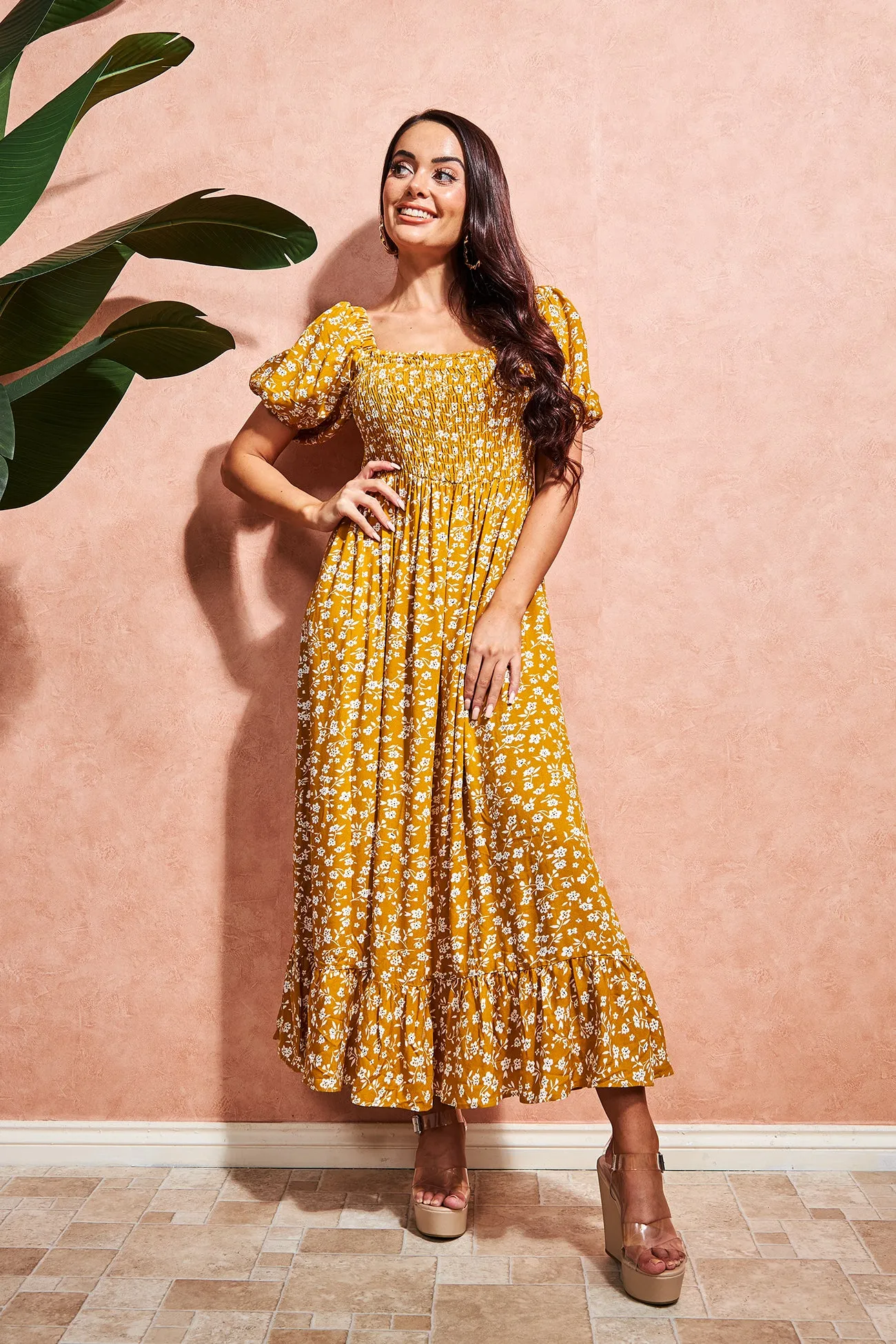 Square Neck Shirred Midi Dress in Yellow Floral | Isabel