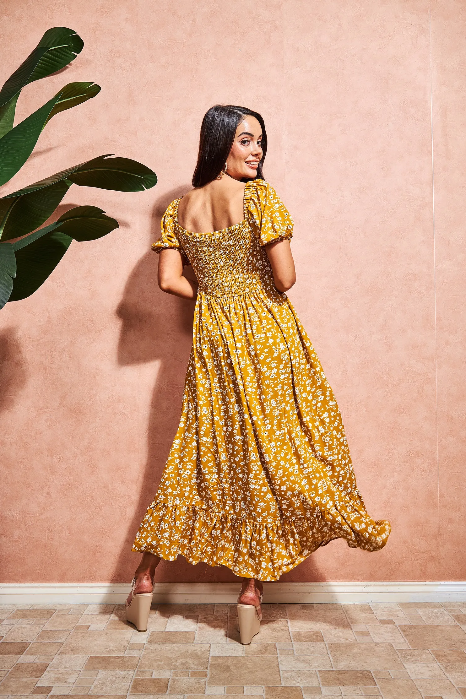 Square Neck Shirred Midi Dress in Yellow Floral | Isabel