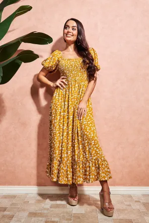 Square Neck Shirred Midi Dress in Yellow Floral | Isabel