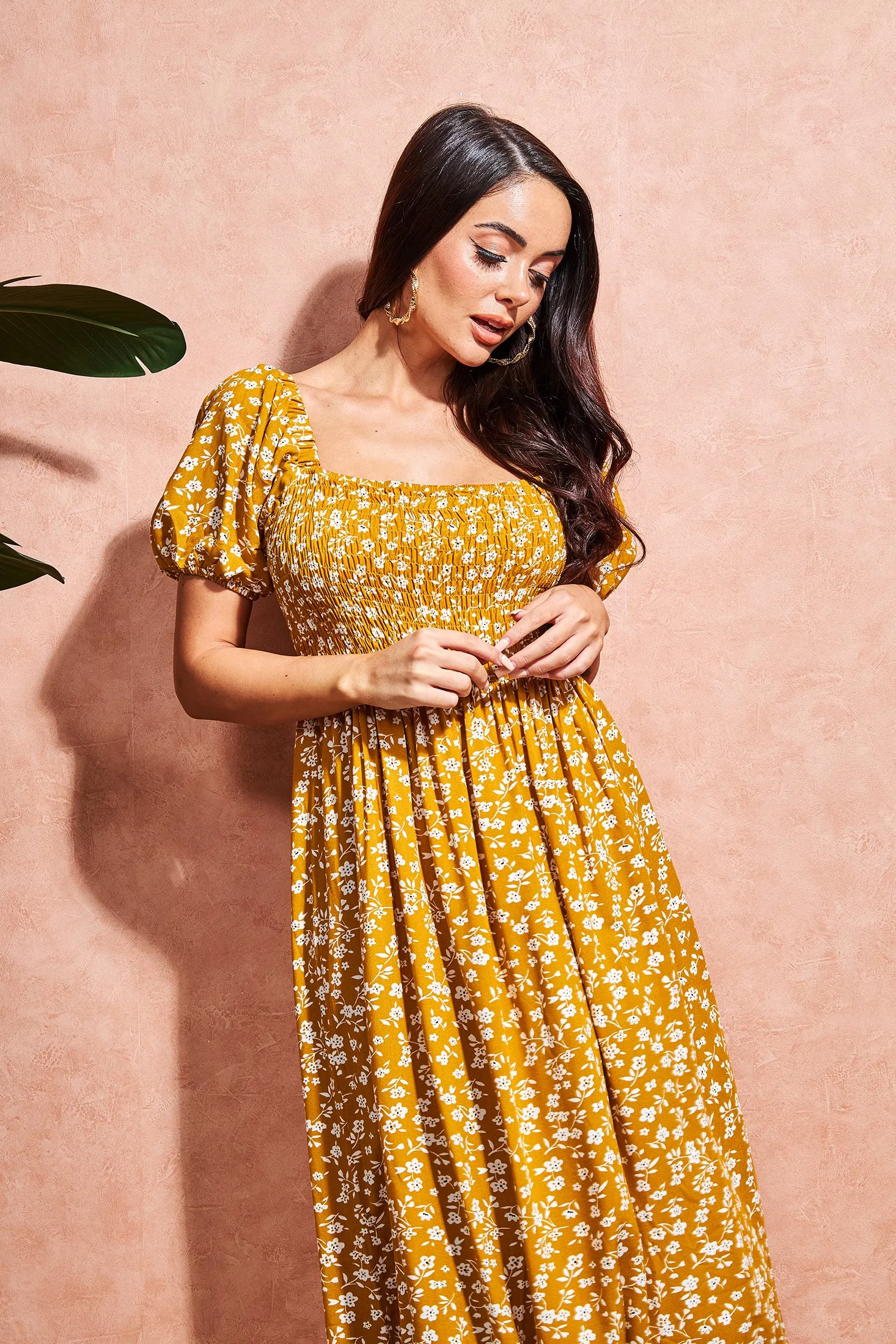 Square Neck Shirred Midi Dress in Yellow Floral | Isabel