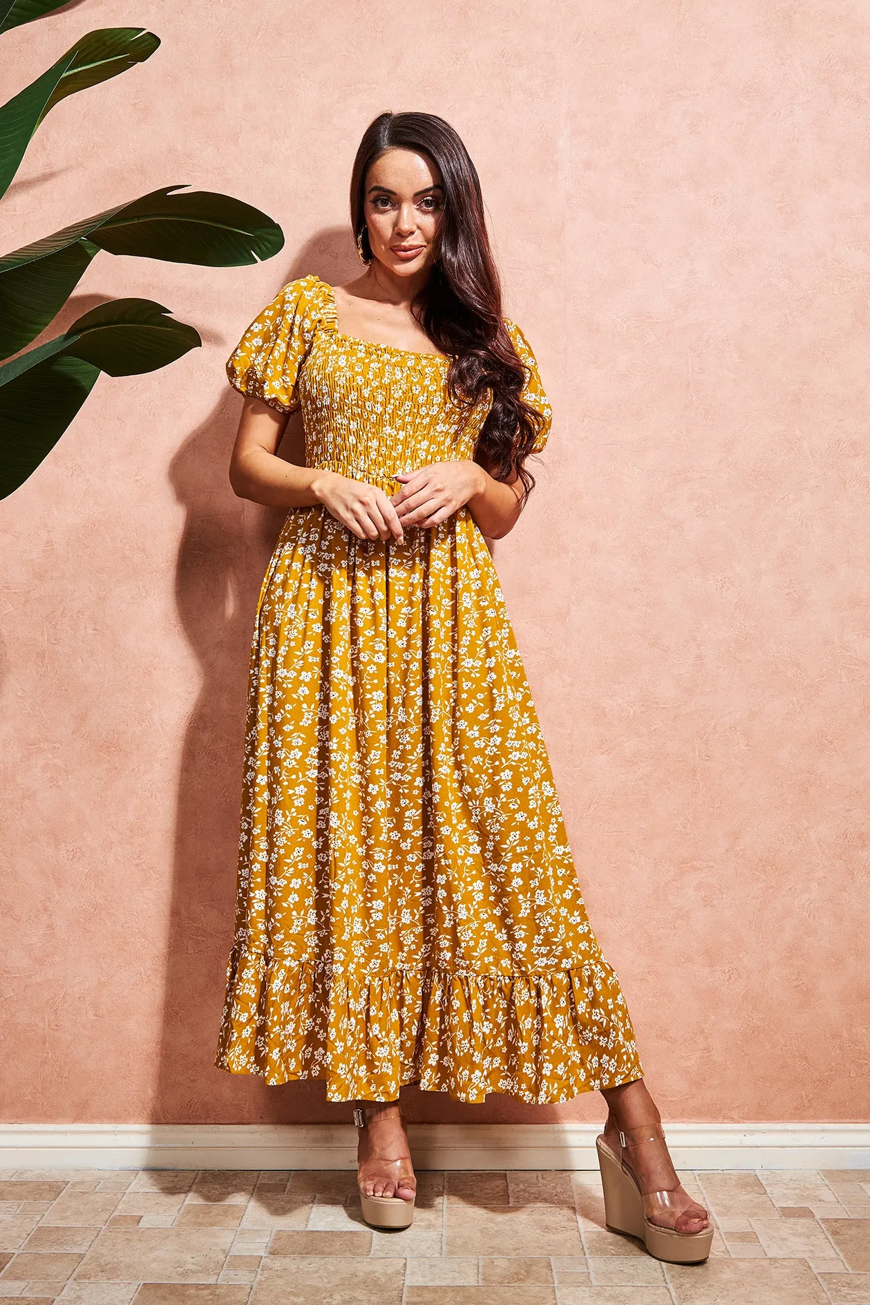 Square Neck Shirred Midi Dress in Yellow Floral | Isabel