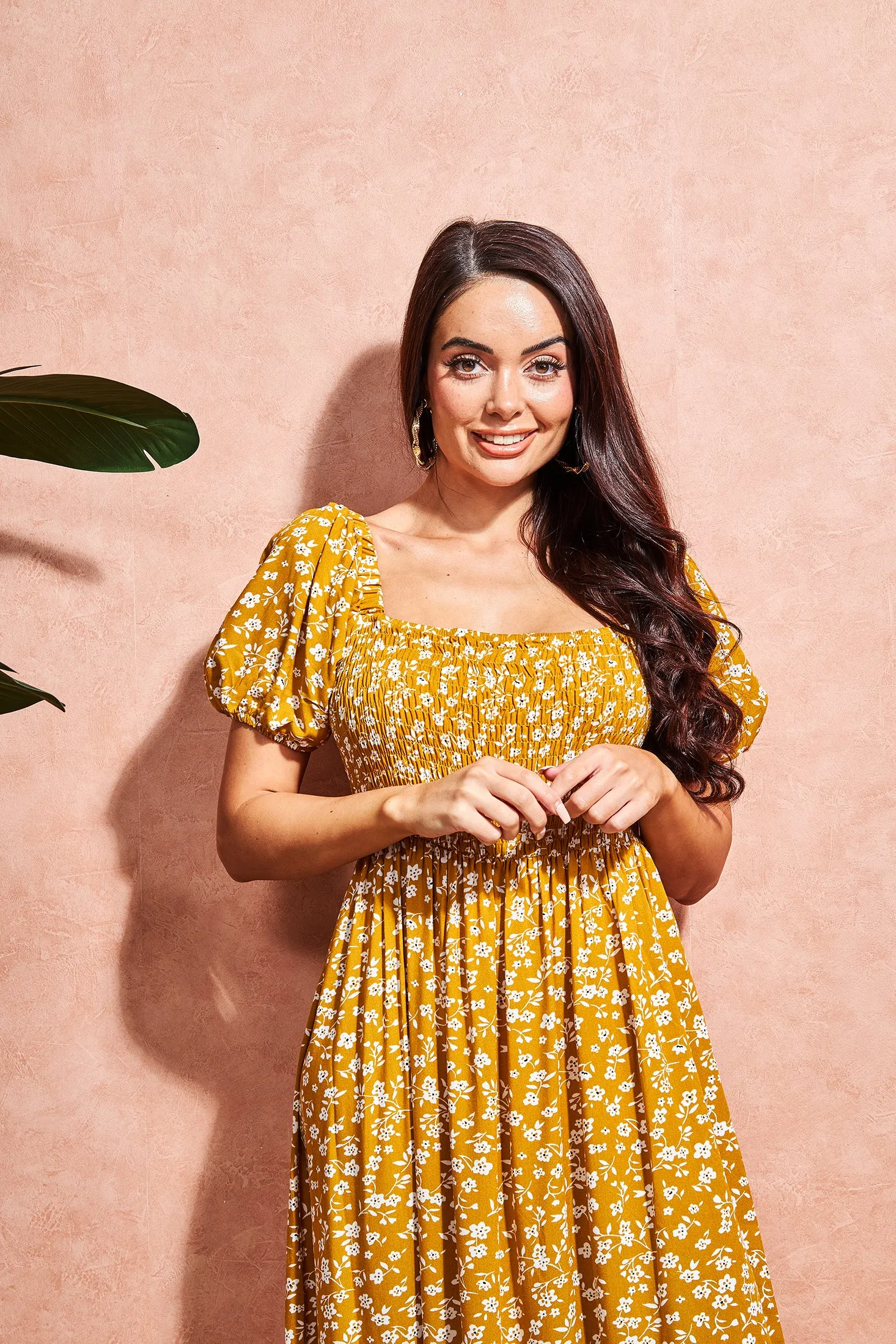 Square Neck Shirred Midi Dress in Yellow Floral | Isabel