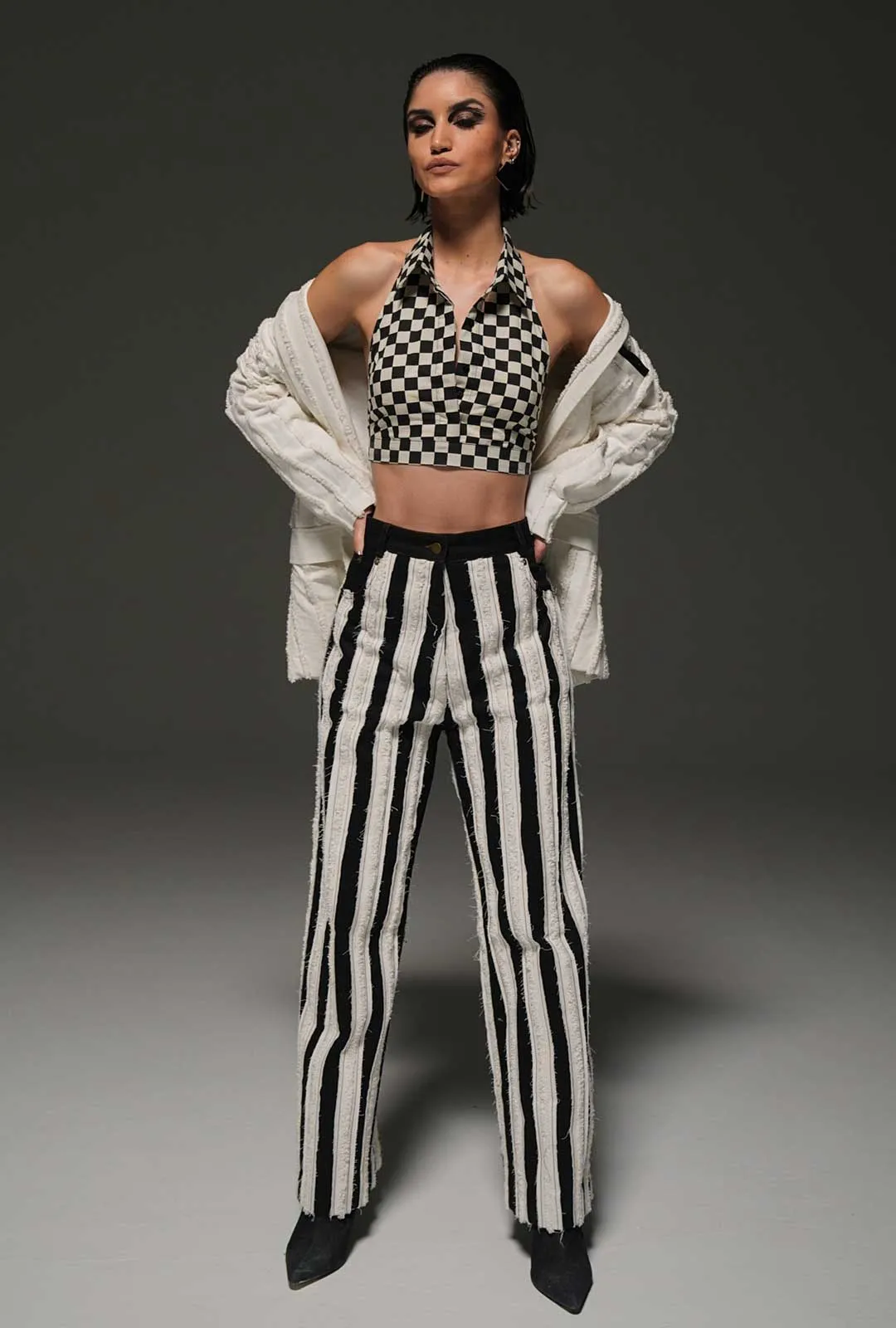 Striped Appliquéd High-Waist Pants
