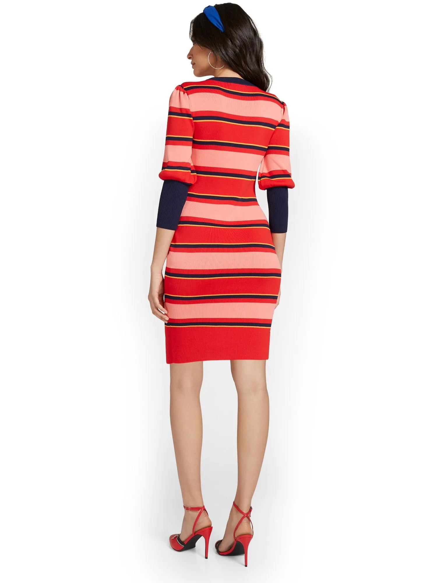 Striped Puff-Sleeve Sweater Dress