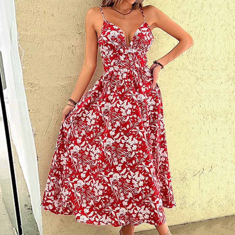 Summer Women Wear Red Slip Vacation Dress