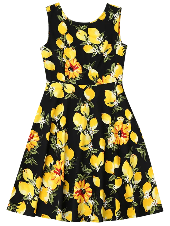 TastyHottie - Trendy Lemon Print Sleeveless Flare Dress