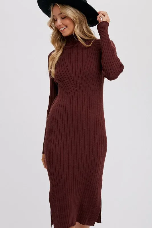 Turtleneck Ribbed Sweater Midi Dress Chocolate