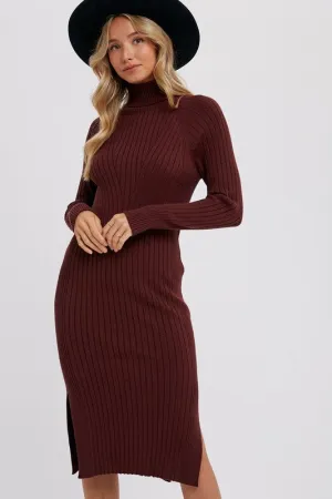 Turtleneck Ribbed Sweater Midi Dress Chocolate