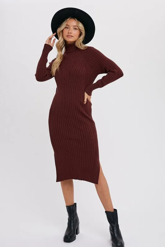 Turtleneck Ribbed Sweater Midi Dress Chocolate