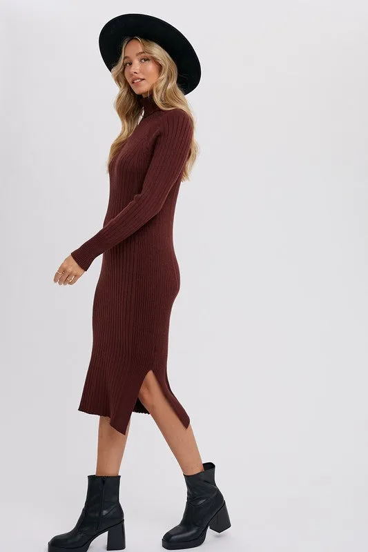 Turtleneck Ribbed Sweater Midi Dress Chocolate