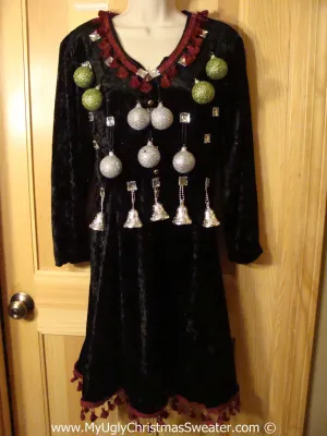 Ugly Christmas Sweater Party Tacky Dress with Real Ornaments (d82)
