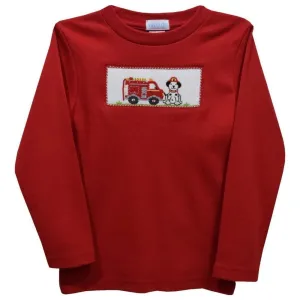 Vive La Fete Firetruck & Dalmatian Smocked Red Knit Long Sleeve Boys T-Shirt