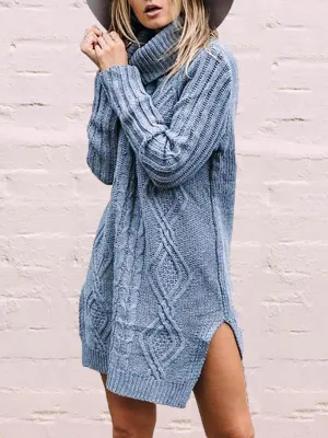 Women'S Autumn And Winter Long-Sleeved High-Neck Split Knit Dress