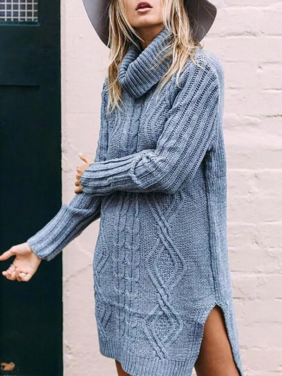 Women'S Autumn And Winter Long-Sleeved High-Neck Split Knit Dress